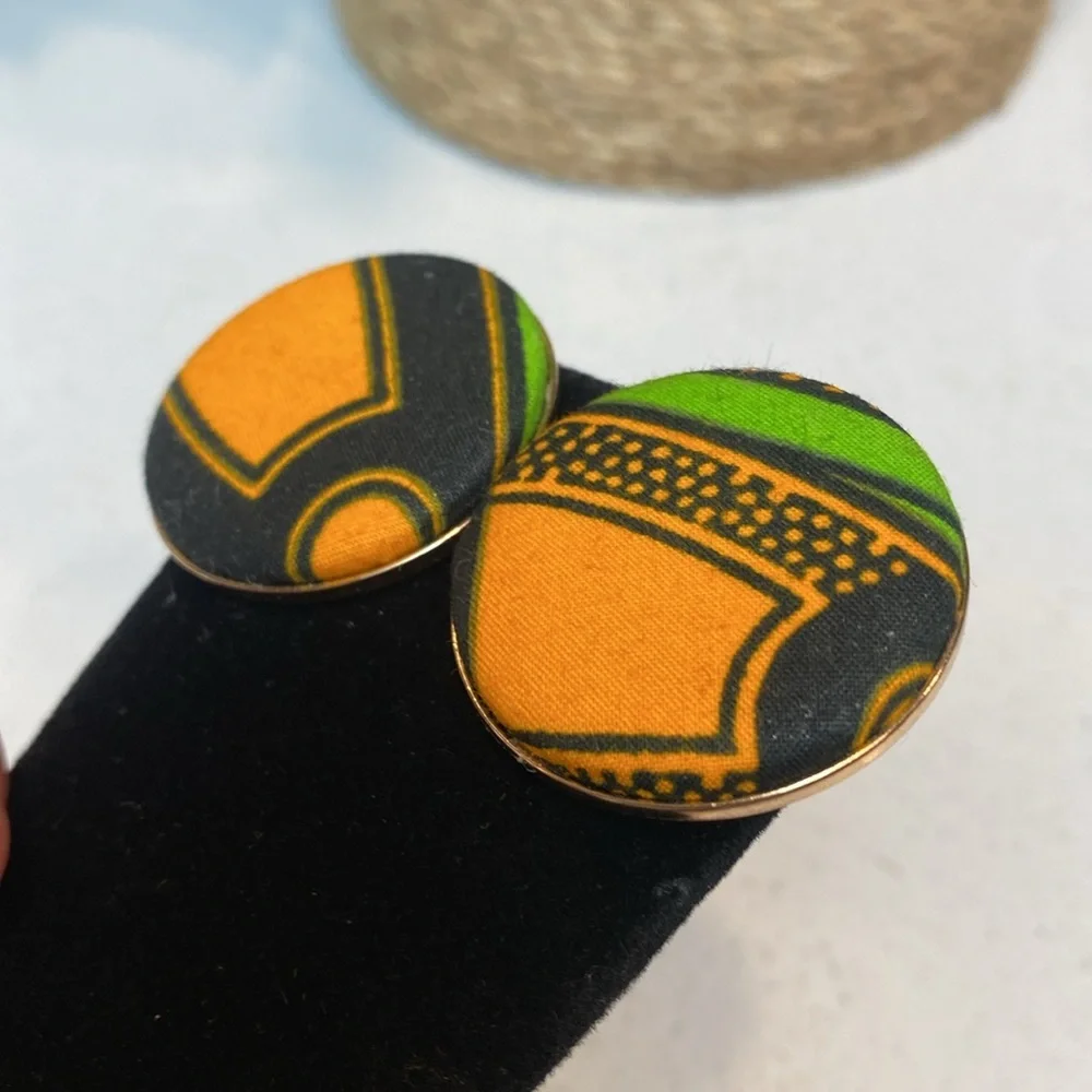 Beautiful African Cloth 1.5 Round Bold Orange &‎ Green Fabric Button Earrings